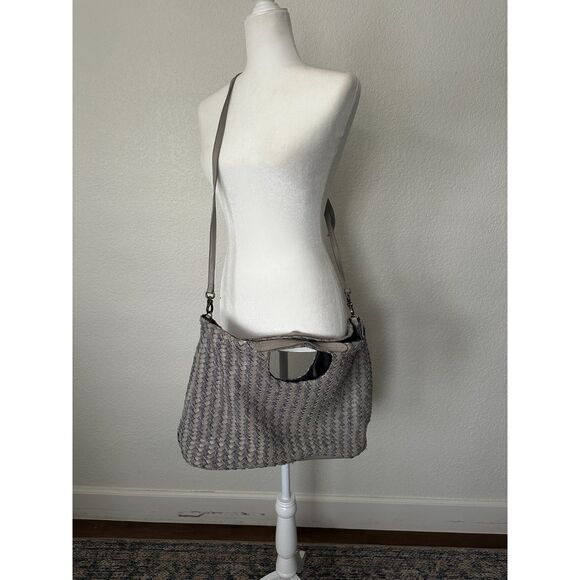 Anthropologie Grey Faux Leather Wool Woven Large Slouchy Hobo Satchel Bag - Picture 2 of 12